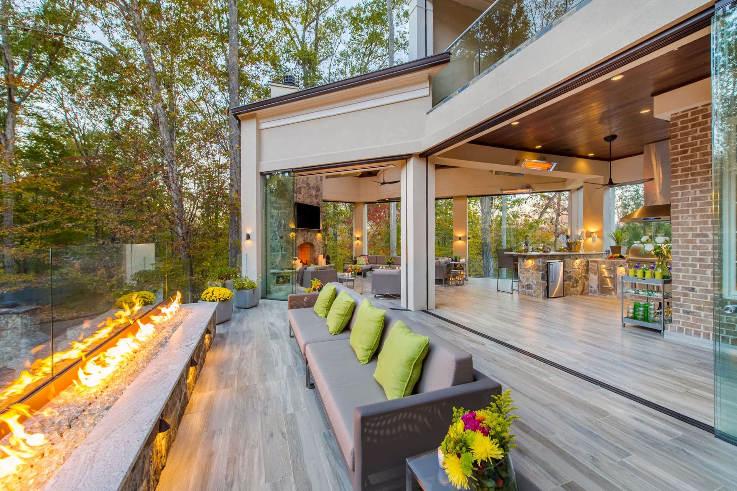 An outdoor living area with a fire pit.